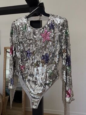 Nasty Gal Silver Sequin fringe sleeve Top